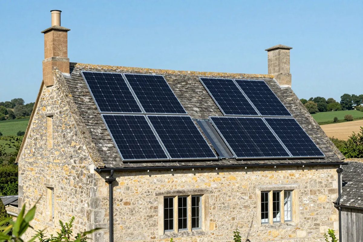 Solar panels on a stone cottage roof